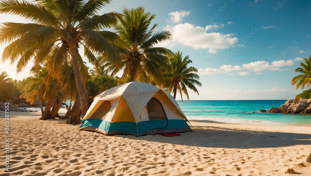 Obraz premium Tropical Beach Camping Paradise With Summer Background 