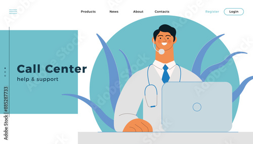 Medical Specialist Wearing Headset with Laptop on Abstract Background. Call Center Concept. Modern Flat Vector Illustration. Website Banner, Landing Page Template.