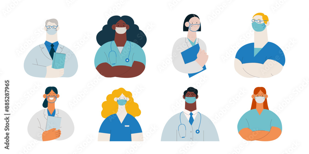 Medical Specialists in Masks. Medical Insurance. Modern Flat Vector Concept Illustration. Doctors and Nurses Portraits, Team of Doctors. Medical Specialists in Masks. Medical Insurance. Modern Flat Vector Concept Illustration. Doctors and Nurses Portraits, Team of Doctors.