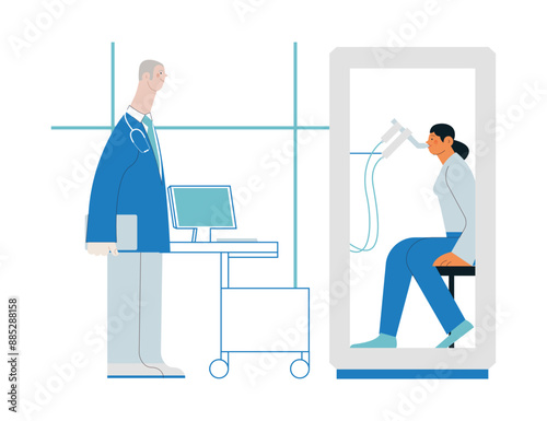 Male Medical Specialist and Female Patient Performs Whole Body Plethysmography in Medical Office or Laboratory. Modern Flat Vector Concept Illustration. 