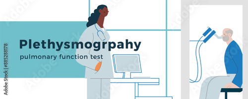 Dark Skin Tone Medical Specialist and Male Patient Performs Whole Body Plethysmography in Medical Office or Laboratory. Modern Flat Vector Concept Illustration. Website Banner, Landing Page Template