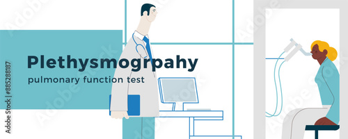 Male Medical Specialist and Dark Skin Tone Female Patient Performs Whole Body Plethysmography in Medical Office or Laboratory. Modern Flat Vector Concept Illustration. Website Banner Template
