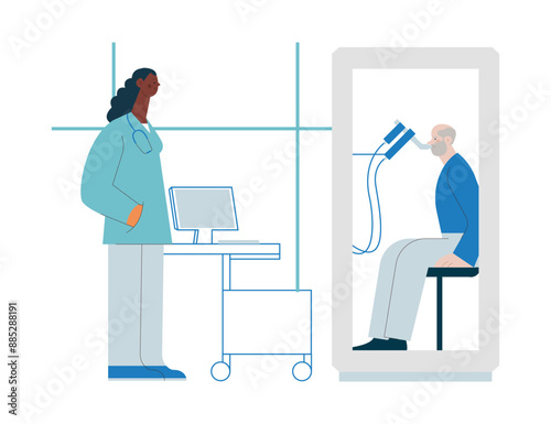 Dark Skin Tone Medical Specialist and Male Patient Performs Whole Body Plethysmography in Medical Office or Laboratory. Modern Flat Vector Concept Illustration. Website Banner, Landing Page Template