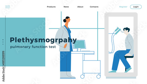 Female Medical Specialist and Male Patient Performs Whole Body Plethysmography in Medical Office or Laboratory. Modern Flat Vector Concept Illustration. Website Banner, Landing Page Design Template.