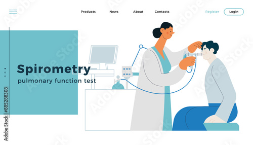 Medical Specialist Performing Spirometry on Patient in Medical Office or Laboratory. Modern Flat Vector Concept Illustration. Respiratory Diseases. Website Banner, Landing Page Design Template.
