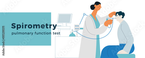 Medical Specialist Performing Spirometry on Patient in Medical Office or Laboratory. Modern Flat Vector Concept Illustration. Respiratory Diseases. Website Banner Template.