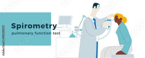 Medical Specialist Performing Spirometry on Dark Skin Tone Patient in Medical Office or Laboratory. Modern Flat Vector Concept Illustration. Respiratory Diseases. Website Banner Template