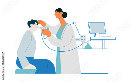 Medical Specialist Performing Spirometry on Patient in Medical Office or Laboratory. Modern Flat Vector Concept Illustration. Respiratory Diseases. 