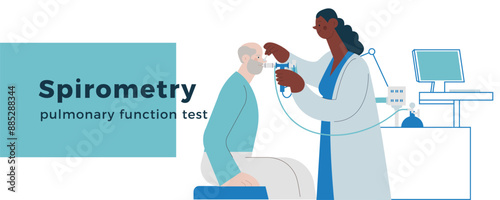 Dark Skin Tone Medical Specialist Performing Spirometry on Patient in Medical Office or Laboratory. Modern Flat Vector Concept Illustration. Respiratory Diseases. Website Banner Template