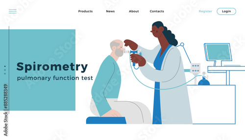 Dark Skin Tone Medical Specialist Performing Spirometry on Patient in Medical Office or Laboratory. Modern Flat Vector Concept Illustration. Respiratory Diseases. Website Landing Page Design Template.