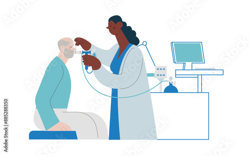 Dark Skin Tone Medical Specialist Performing Spirometry on Patient in Medical Office or Laboratory. Modern Flat Vector Concept Illustration. Respiratory Diseases. 