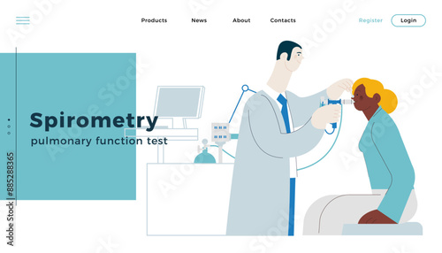 Medical Specialist Performing Spirometry on Dark Skin Tone Patient in Medical Office or Laboratory. Modern Flat Vector Concept Illustration. Respiratory Diseases. Landing Page Design Template