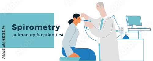 Medical Specialist Performing Spirometry on Patient in Medical Office or Laboratory. Modern Flat Vector Concept Illustration. Respiratory Diseases. Website Banner Template.