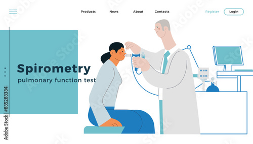 Medical Specialist Performing Spirometry on Patient in Medical Office or Laboratory. Modern Flat Vector Concept Illustration. Respiratory Diseases. Website Banner, Landing Page Design Template.