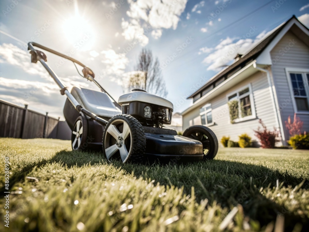 Fototapeta premium A lawn mower is stands on a lawn in front of a house
