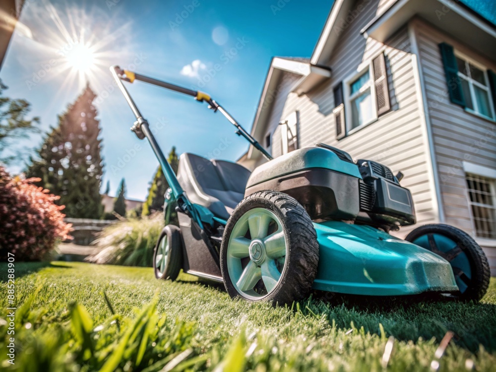 Fototapeta premium A lawn mower is stands on a lawn in front of a house