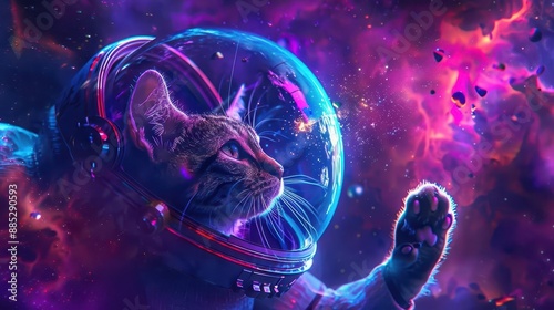 ethereal feline astronaut exploring nebulafilled cosmos whiskers peeking through iridescent helmet paw reaching for swirling stardust cosmic backdrop of vibrant purples and blues photo