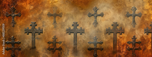 Texture of the wall with Christian crosses. Christian cross pattern. Aged crosses background. Church religious background.