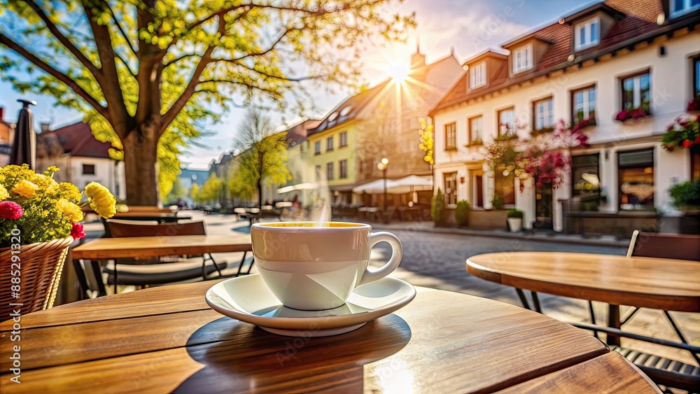 Cup of coffee on outdoor cafe table in sunny European town in spring morning , coffee, cafe, table, outdoor, sunny, spring Cup of coffee on outdoor cafe table in sunny European town in spring morning , coffee, cafe, table, outdoor, sunny, spring