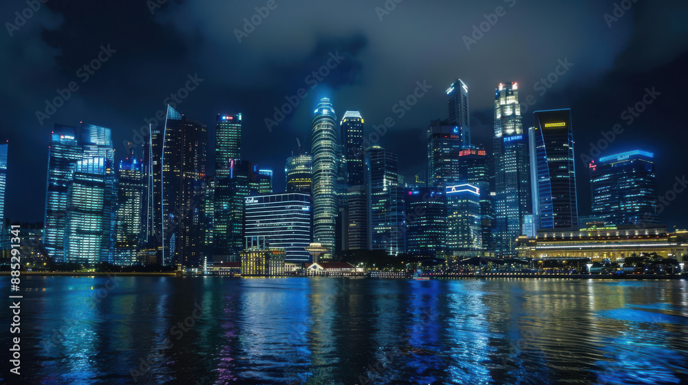 A city skyline at night with iconic buildings lit up against a dark sky A city skyline at night with iconic buildings lit up against a dark sky