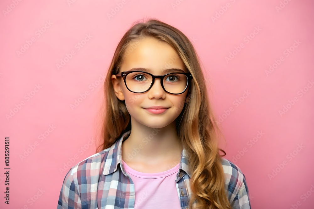 Portrait of a young girl with glasses on a pink background.