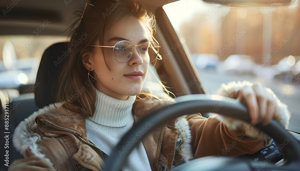 Positive young adult woman driving car during solo trip, front view Positive young adult woman driving car during solo trip, front view