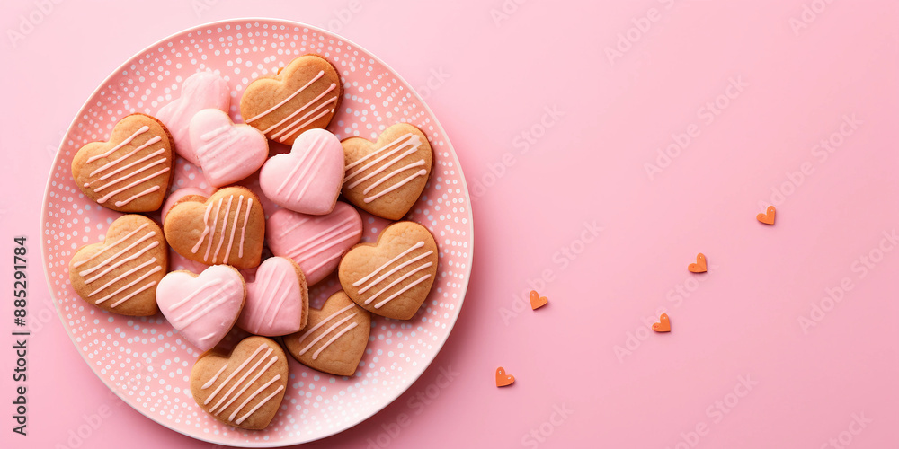 Heart-shaped Cookies on Pink Plate Heart-shaped Cookies on Pink Plate