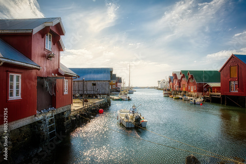 Typical Buildings on the Pier in the Charming Village of Bud in Hustadvika, Norway, along the Atlanterhavsveien Road photo