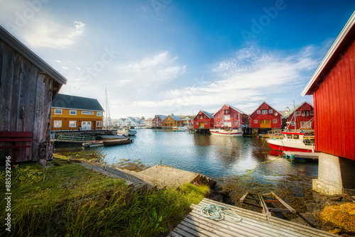 Typical Buildings in the Harbor of the Charming Village of Bud in Hustadvika, Norway, along the Atlanterhavsveien Road photo