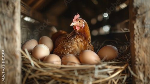 Wallpaper Mural Serene hen laying eggs in a rustic nest inside a charming chicken coop for farm Torontodigital.ca