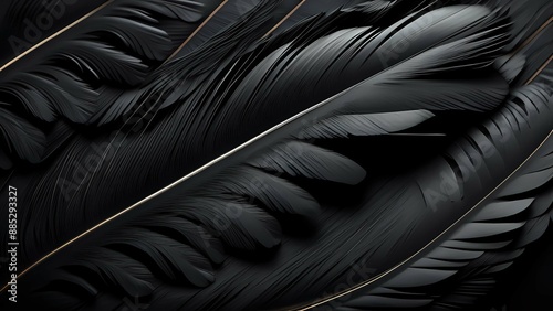 Close up of an black feather background texture illustration. AI Generated