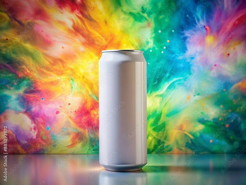 Isolated white soda can with mockup design on abstract multicolored background, empty space for branding and text, perfect for beverage packaging and advertising concepts. Isolated white soda can with mockup design on abstract multicolored background, empty space for branding and text, perfect for beverage packaging and advertising concepts.