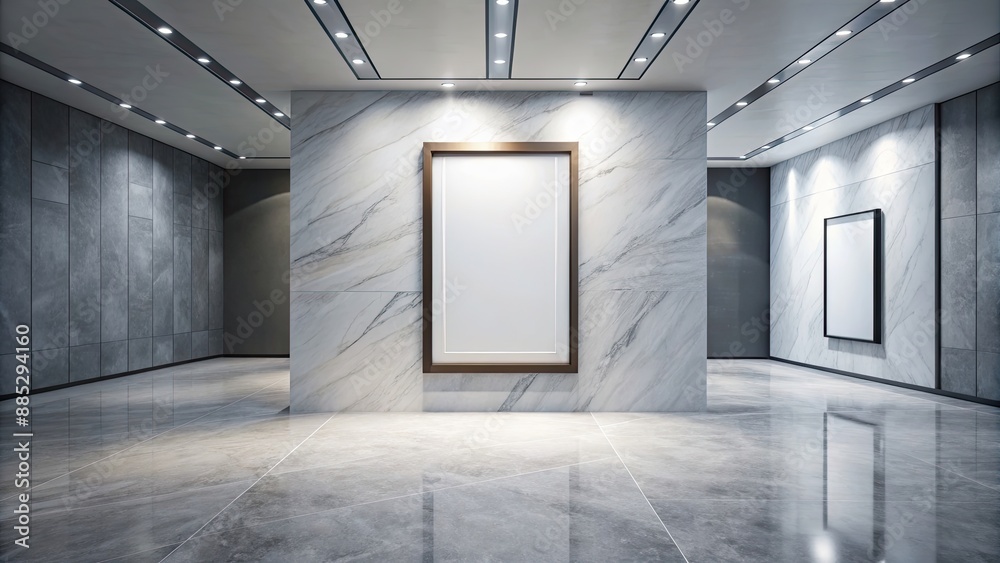 Sleek exhibition room with empty frame on Bianco Lasa marble floor, exhibition room,empty frame, Bianco Lasa marble Sleek exhibition room with empty frame on Bianco Lasa marble floor, exhibition room,empty frame, Bianco Lasa marble