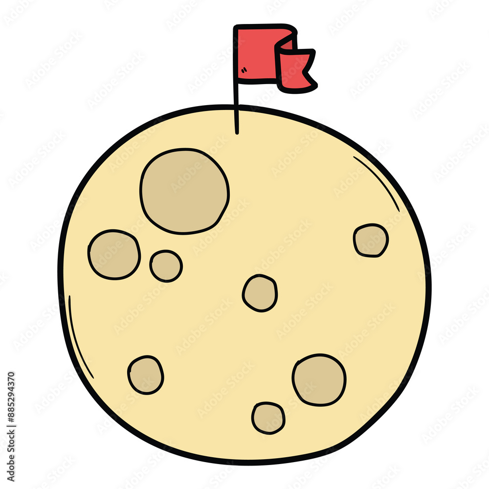 Fototapeta premium Hand drawn cartoon red flag on the moon on a white background.
