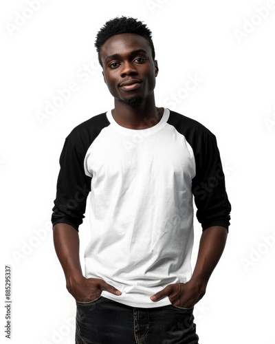 black male model with hands in pockets raglan shirt