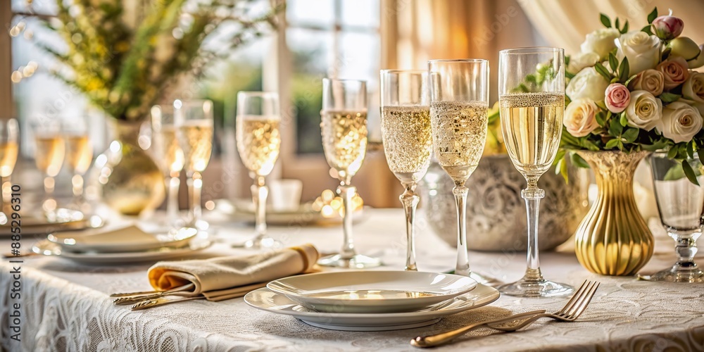 Luxurious table setting featuring a elegant champagne glass set with ornate stems and delicate flutes, perfectly arranged on a crisp white linen tablecloth. Luxurious table setting featuring a elegant champagne glass set with ornate stems and delicate flutes, perfectly arranged on a crisp white linen tablecloth.