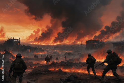 Dramatic battlefield scene with soldiers and fire 