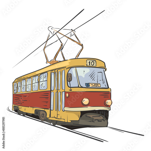 A yellow electric tram on a city street rides on rails. The old town where trams still run. Vector drawing as if drawn from a painting. 