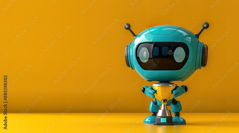 a miniature blue robot holding a yellow trophy on a yellow background a miniature blue robot holding a yellow trophy on a yellow background