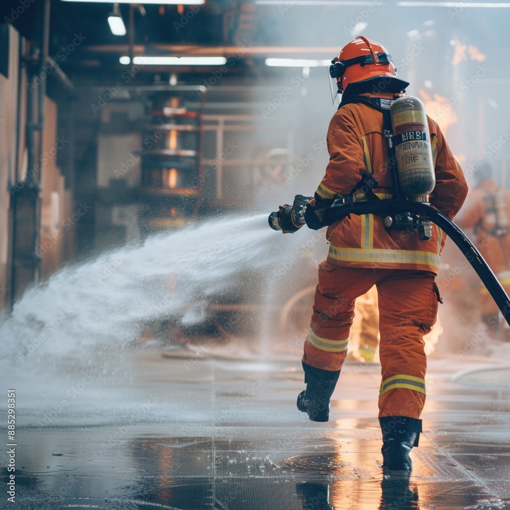 Firemen using extinguisher and water from hose for fire Firemen using extinguisher and water from hose for fire