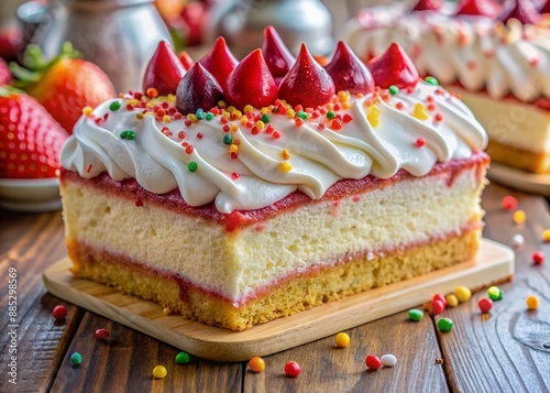 Freshly sliced vanilla cake smothered in strawberry yogurt and topped with a fluffy meringue peak, glistening with sweet syrup and colorful sprinkles.