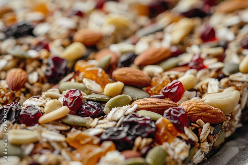 artisanal energy bar with mix of nuts seeds and dried fruits closeup reveals rich textures and colors emphasizing natural wholesome ingredients artisanal energy bar with mix of nuts seeds and dried fruits closeup reveals rich textures and colors emphasizing natural wholesome ingredients