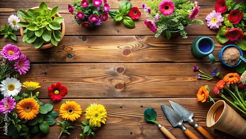 Colorful flowers and gardening tools on a wooden table, flowers, gardening, tools, wooden table, spring photo