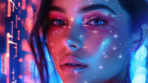 A beauty blogger demonstrating makeup trends with a futuristic digital background