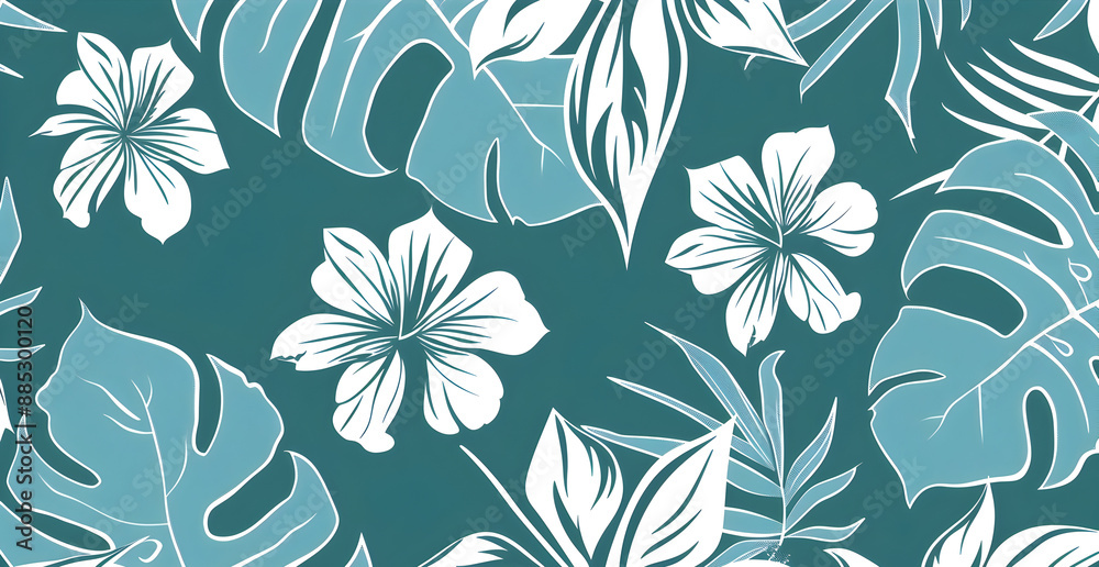 Vibrant Tropical Floral Pattern with Monstera Leaves and Hibiscus Flowers on Green Background Vibrant Tropical Floral Pattern with Monstera Leaves and Hibiscus Flowers on Green Background
