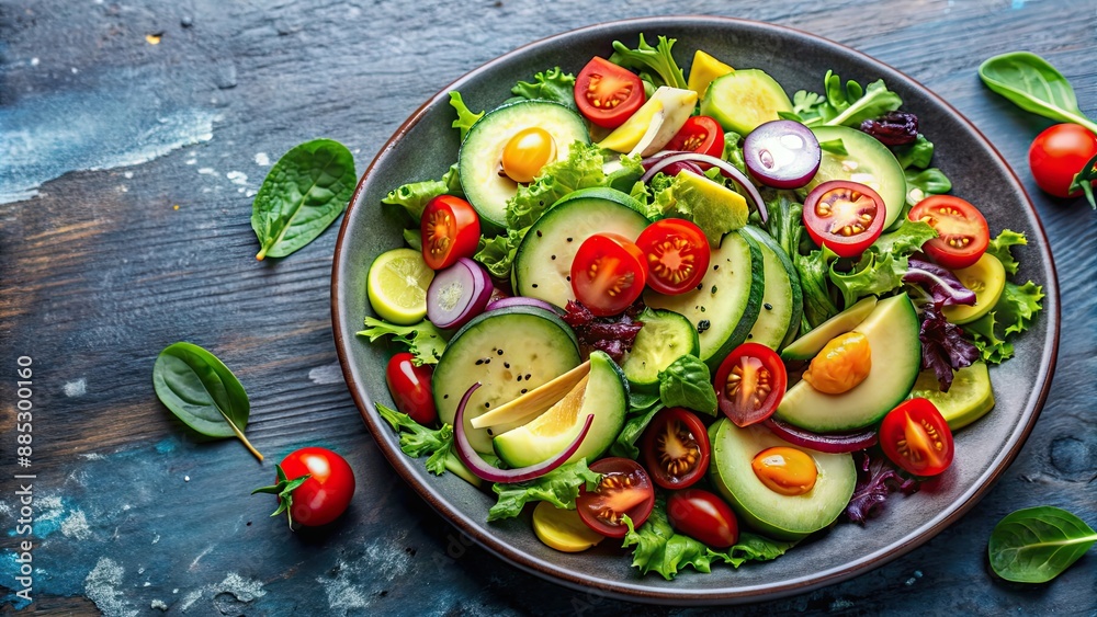 Plate of fresh salad with mixed greens, cherry tomatoes, cucumber slices, and avocado, healthy, organic, vegetables, food, natural Plate of fresh salad with mixed greens, cherry tomatoes, cucumber slices, and avocado, healthy, organic, vegetables, food, natural