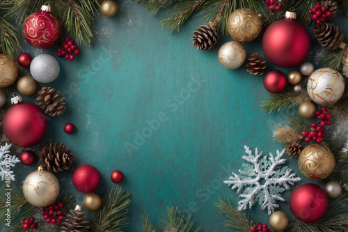 Christmas ornament frame on teal background 