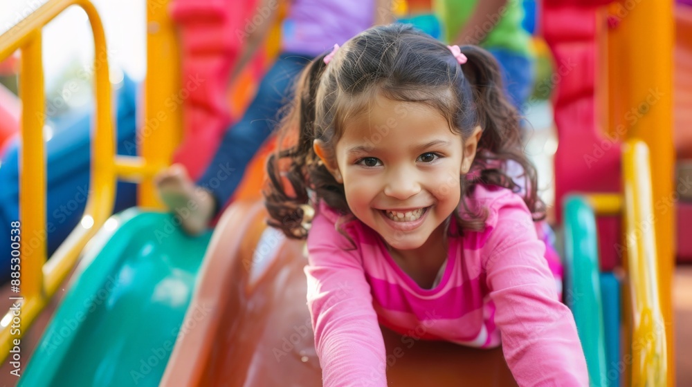 Children playing in a colorful playground, climbing on the jungle gym and sliding down slides with big smiles Children playing in a colorful playground, climbing on the jungle gym and sliding down slides with big smiles