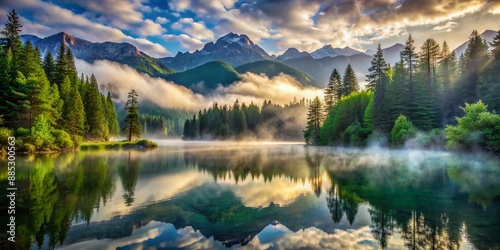 Majestic mist-shrouded lake surrounded by lush greenery, towering trees, and majestic mountains, exuding serene tranquility and mystical aura in breathtaking natural scenery. photo