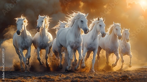 A herd of white horses galloping, dynamic action shot, dust clouds, sandy ground, no background, isolated scene, photorealistic, high detail, motion blur, strong sunlight.